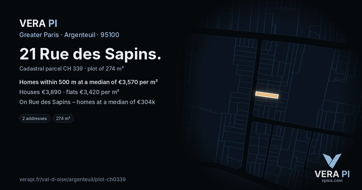 21 Rue des Sapins, Argenteuil at night – the plot lit, the parcels around coloured by the prices near them