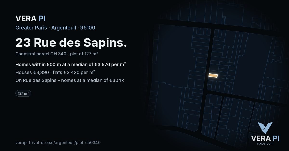 23 Rue des Sapins, Argenteuil at night – the plot lit, the parcels around coloured by the prices near them