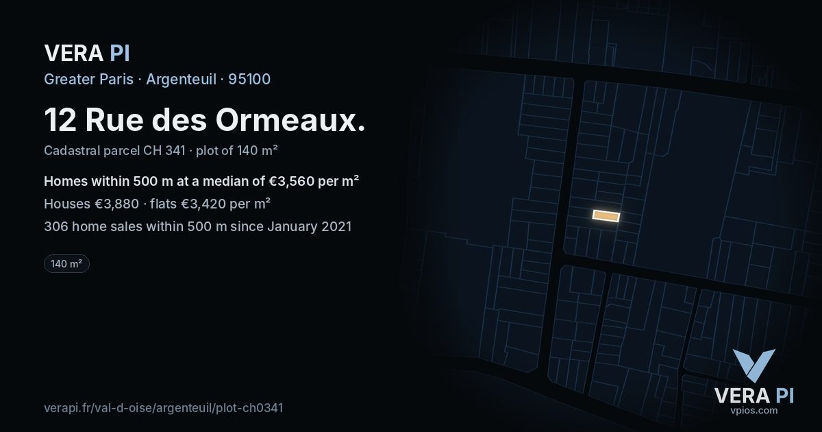 12 Rue des Ormeaux, Argenteuil at night – the plot lit, the parcels around coloured by the prices near them