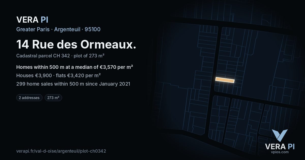 14 Rue des Ormeaux, Argenteuil at night – the plot lit, the parcels around coloured by the prices near them