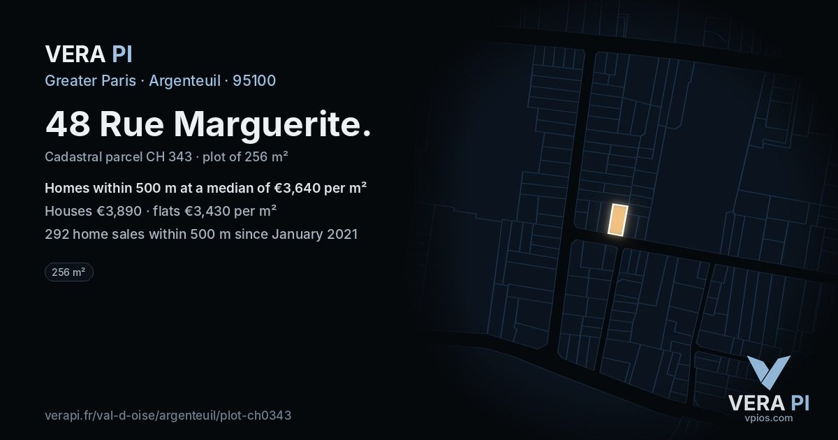 48 Rue Marguerite, Argenteuil at night – the plot lit, the parcels around coloured by the prices near them