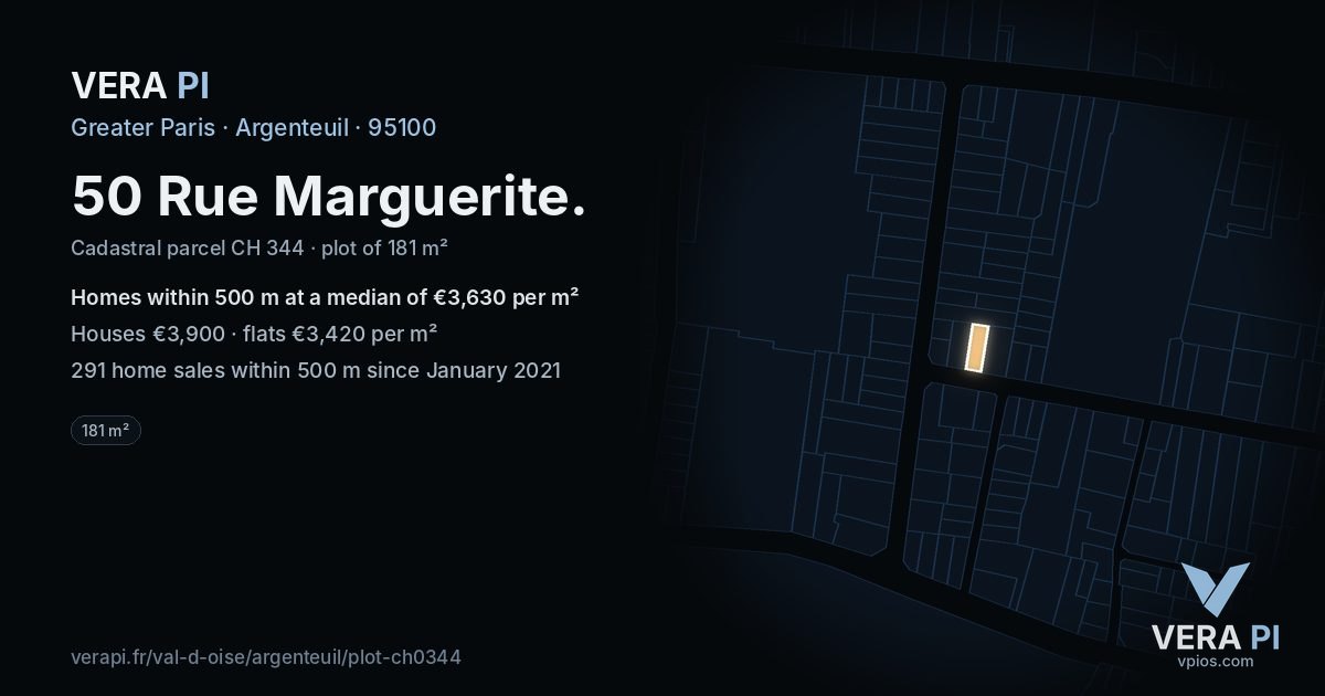 50 Rue Marguerite, Argenteuil at night – the plot lit, the parcels around coloured by the prices near them