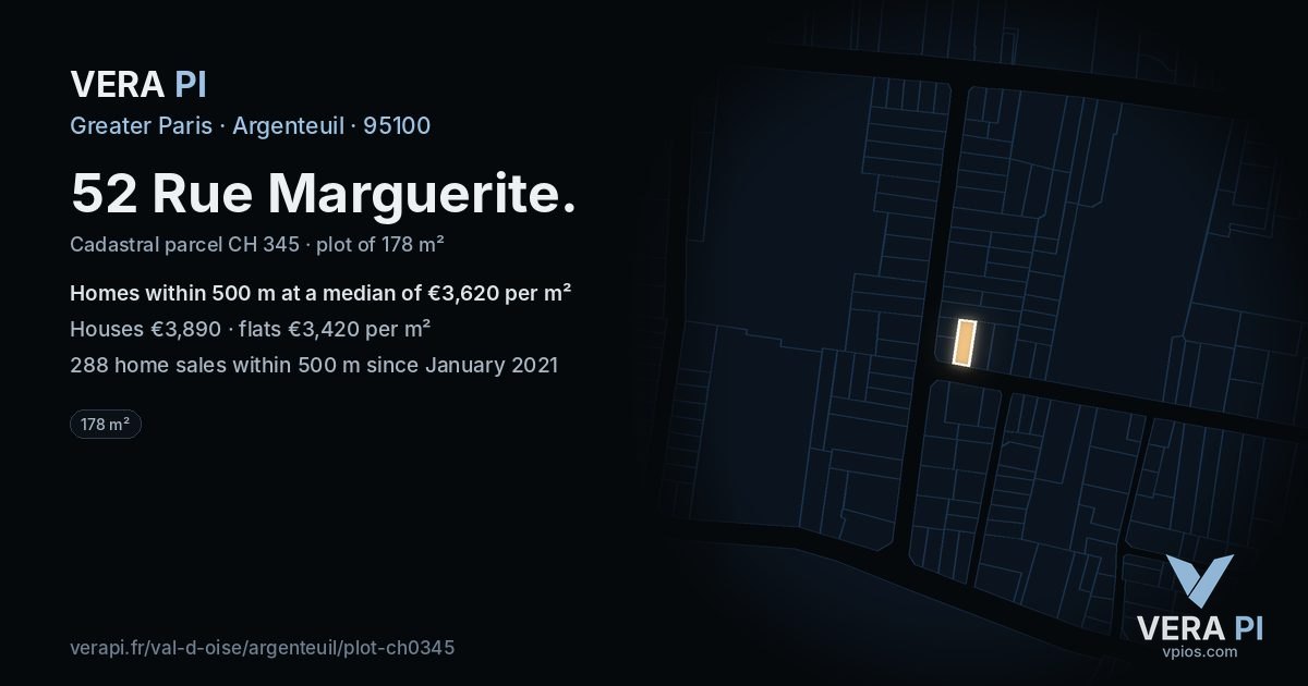 52 Rue Marguerite, Argenteuil at night – the plot lit, the parcels around coloured by the prices near them