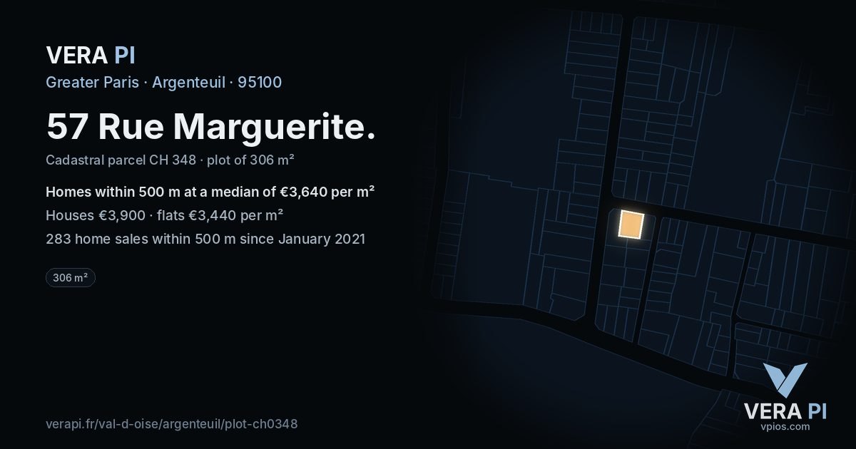 57 Rue Marguerite, Argenteuil at night – the plot lit, the parcels around coloured by the prices near them