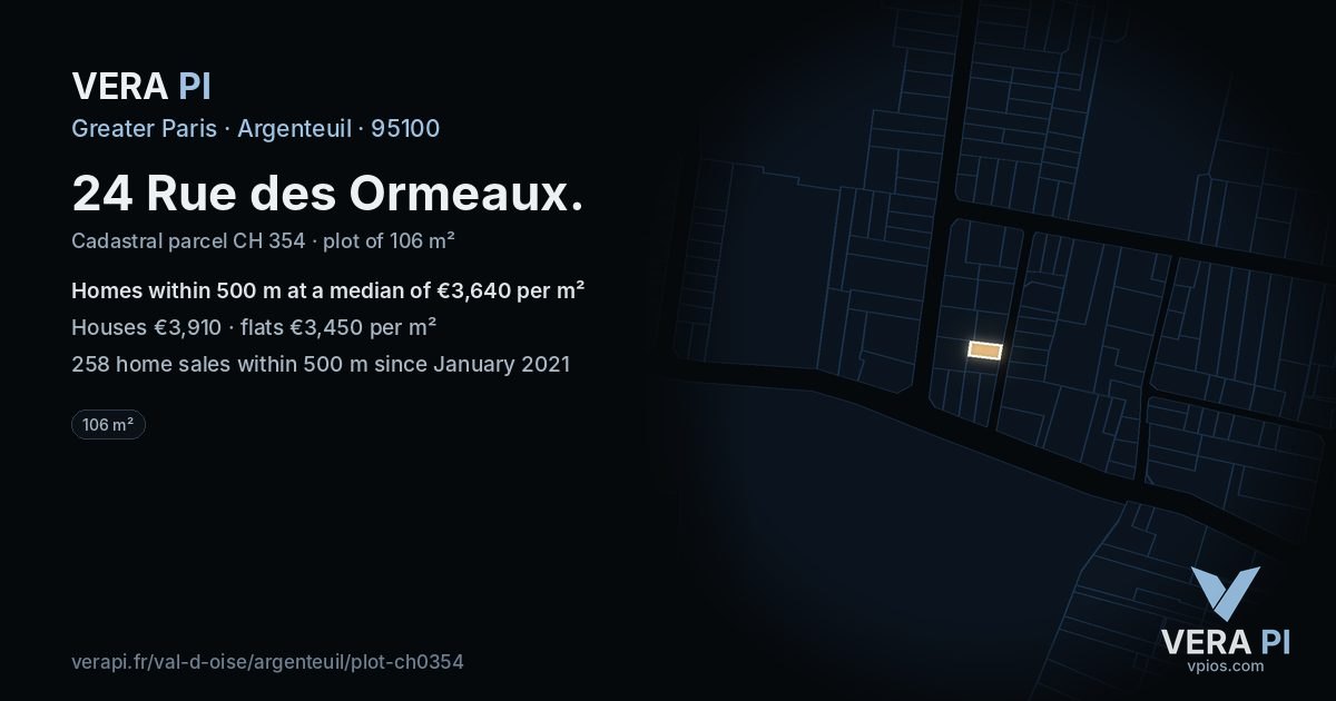 24 Rue des Ormeaux, Argenteuil at night – the plot lit, the parcels around coloured by the prices near them