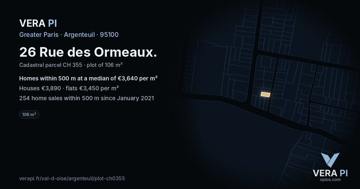 26 Rue des Ormeaux, Argenteuil at night – the plot lit, the parcels around coloured by the prices near them