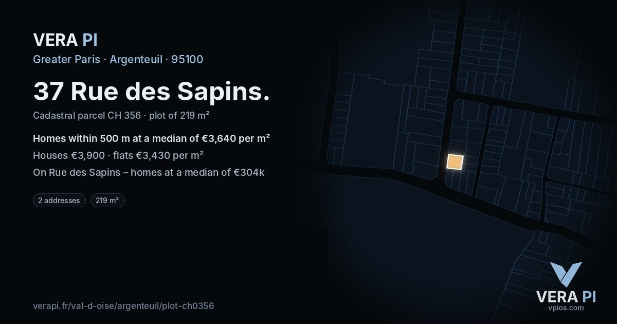 37 Rue des Sapins, Argenteuil at night – the plot lit, the parcels around coloured by the prices near them