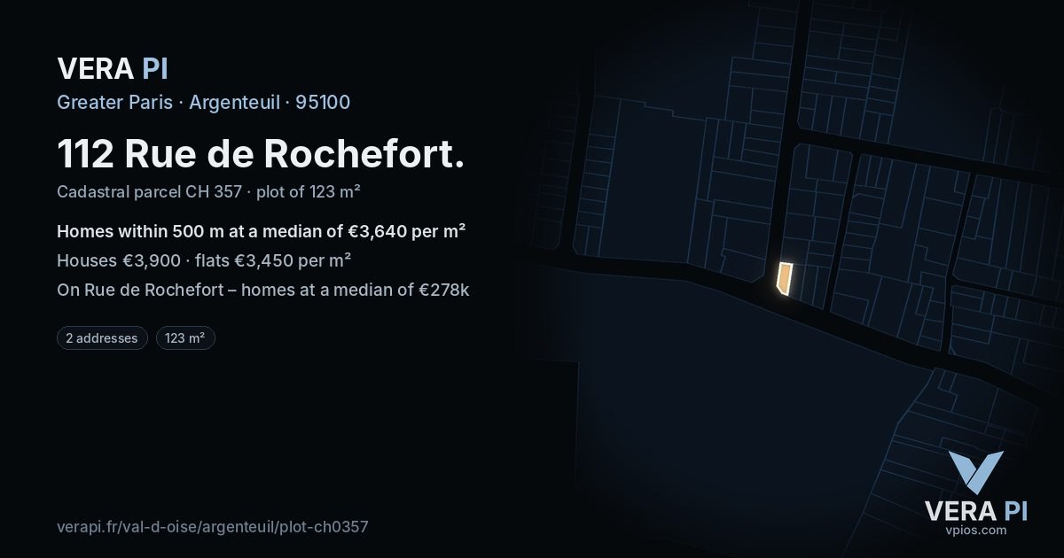 112 Rue de Rochefort, Argenteuil at night – the plot lit, the parcels around coloured by the prices near them