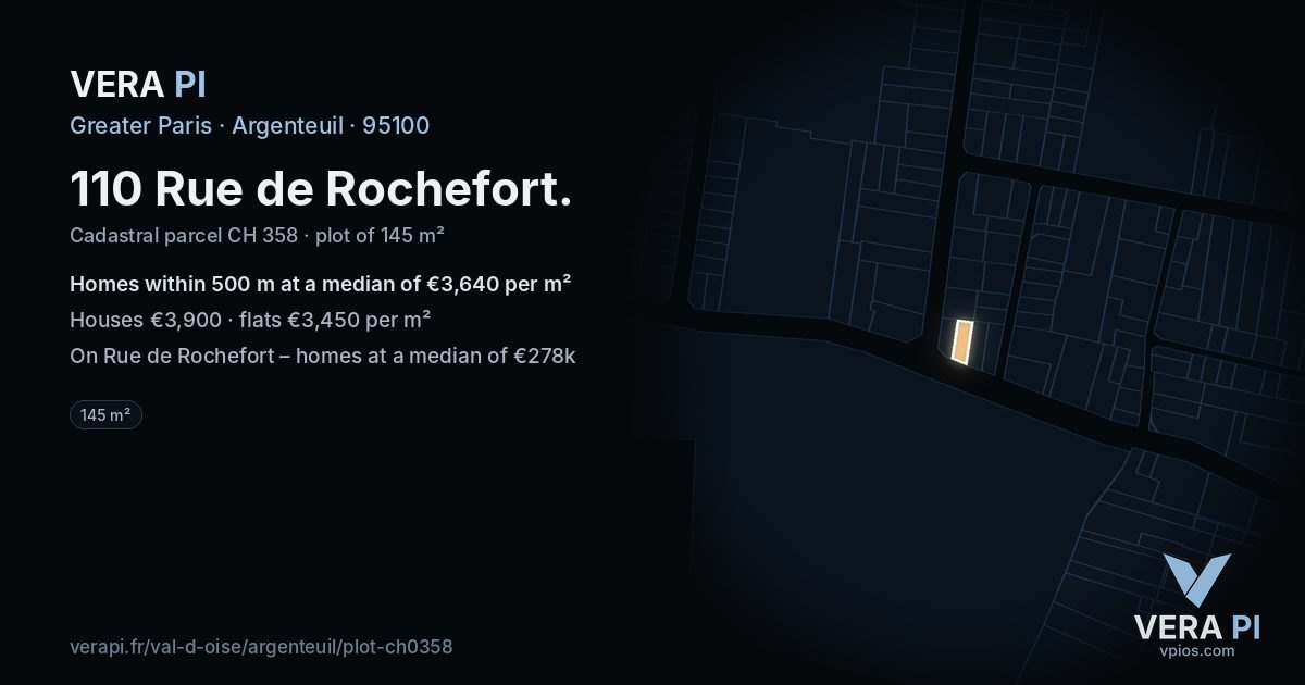 110 Rue de Rochefort, Argenteuil at night – the plot lit, the parcels around coloured by the prices near them
