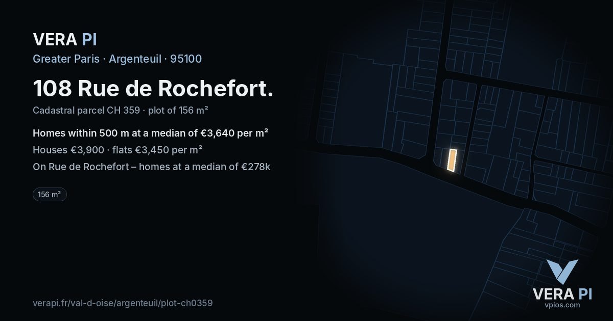 108 Rue de Rochefort, Argenteuil at night – the plot lit, the parcels around coloured by the prices near them