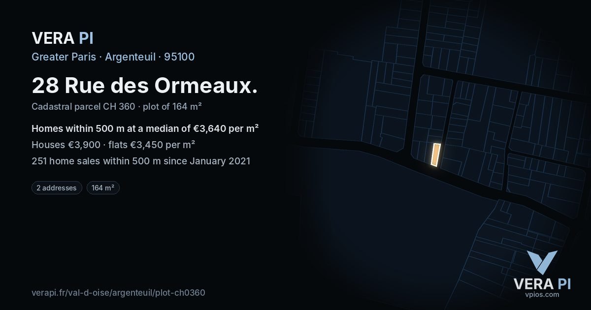28 Rue des Ormeaux, Argenteuil at night – the plot lit, the parcels around coloured by the prices near them