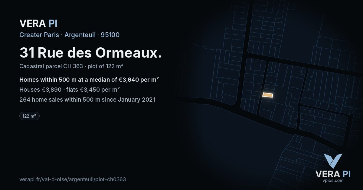 31 Rue des Ormeaux, Argenteuil at night – the plot lit, the parcels around coloured by the prices near them