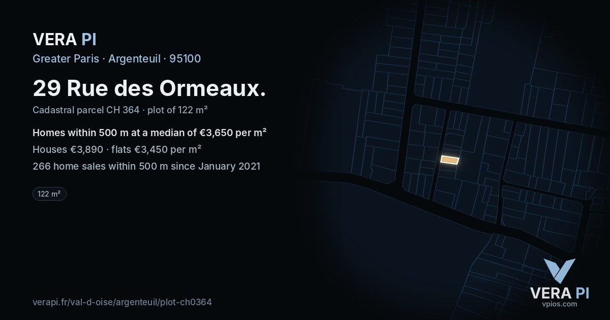 29 Rue des Ormeaux, Argenteuil at night – the plot lit, the parcels around coloured by the prices near them