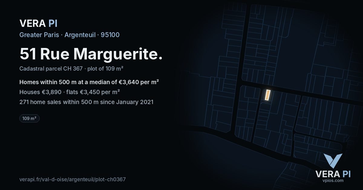 51 Rue Marguerite, Argenteuil at night – the plot lit, the parcels around coloured by the prices near them