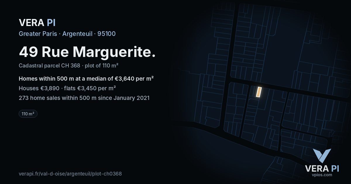 49 Rue Marguerite, Argenteuil at night – the plot lit, the parcels around coloured by the prices near them
