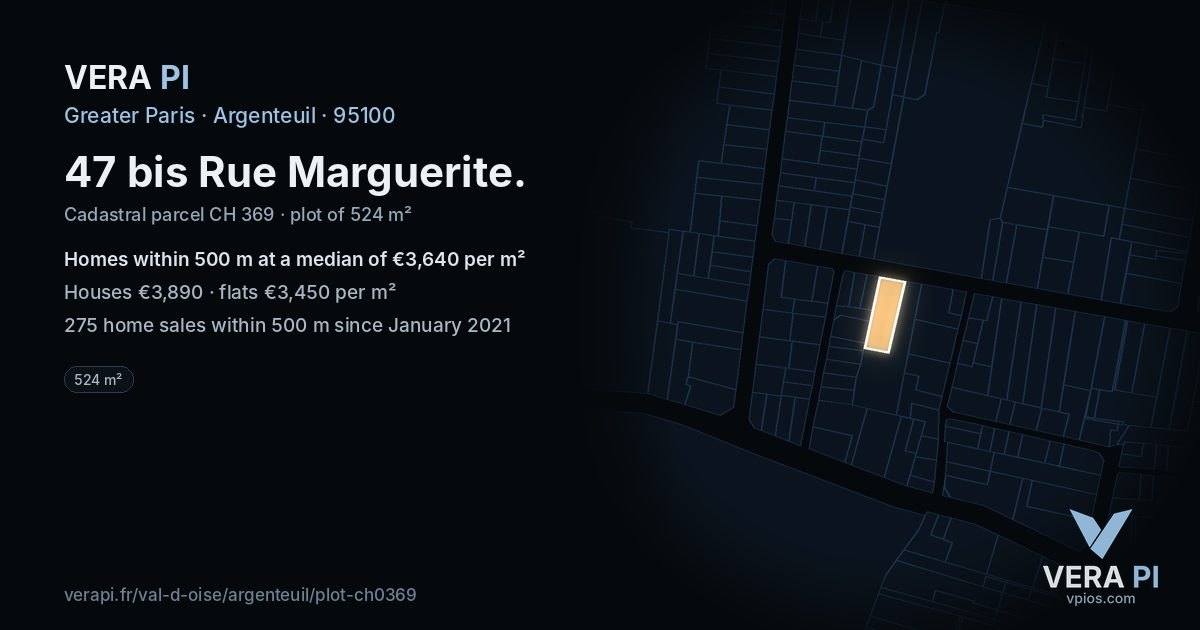 47 bis Rue Marguerite, Argenteuil at night – the plot lit, the parcels around coloured by the prices near them