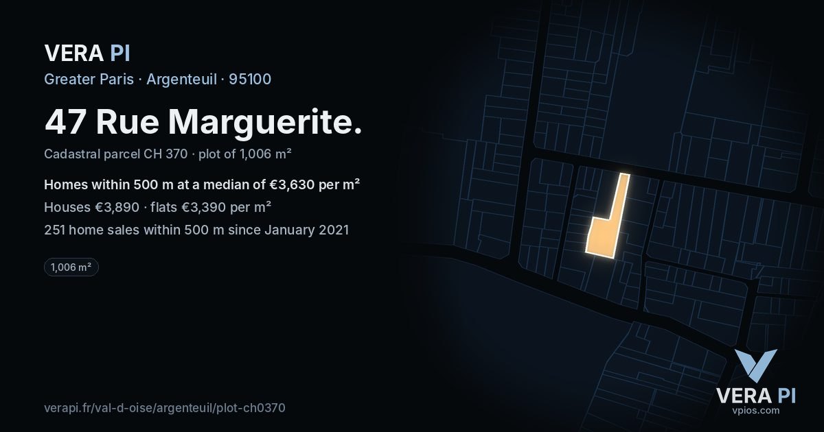 47 Rue Marguerite, Argenteuil at night – the plot lit, the parcels around coloured by the prices near them