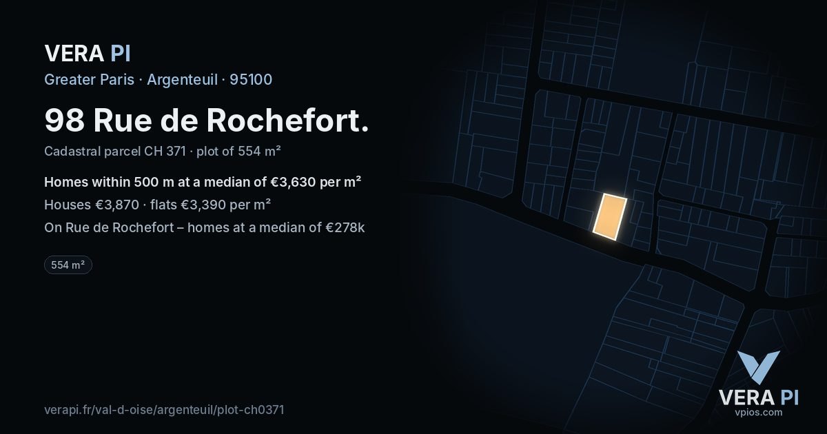98 Rue de Rochefort, Argenteuil at night – the plot lit, the parcels around coloured by the prices near them