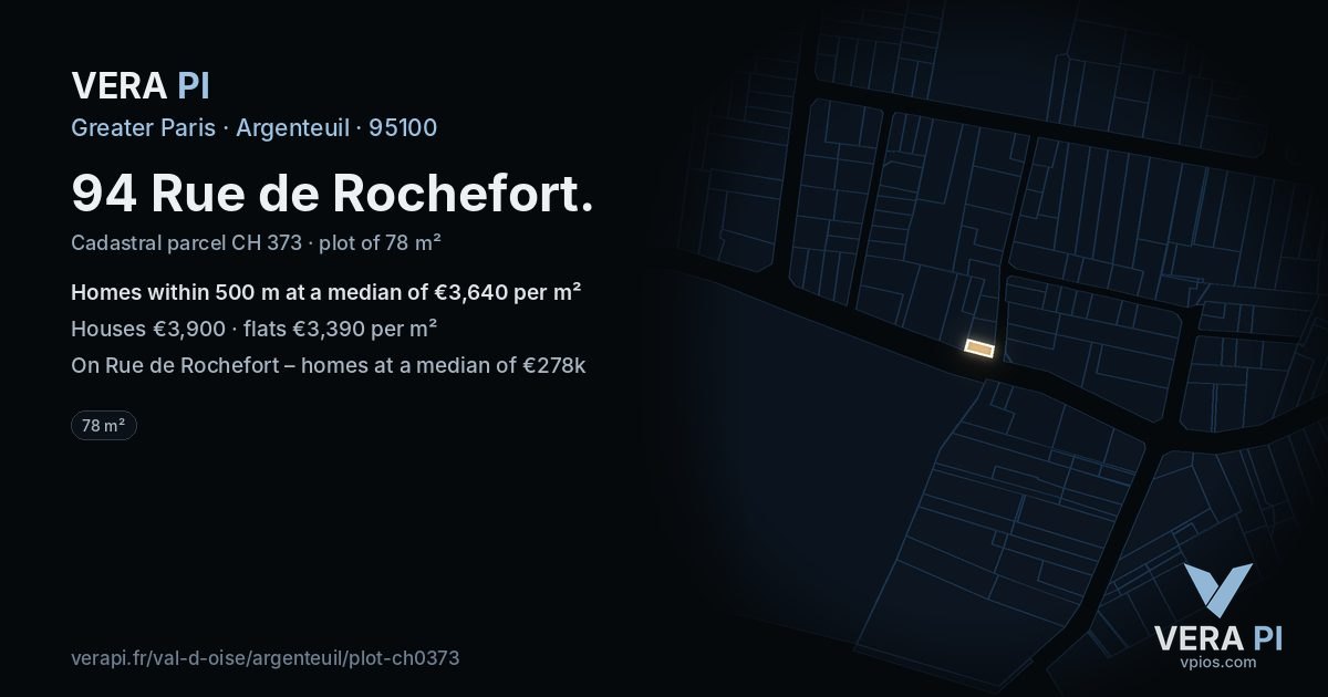 94 Rue de Rochefort, Argenteuil at night – the plot lit, the parcels around coloured by the prices near them