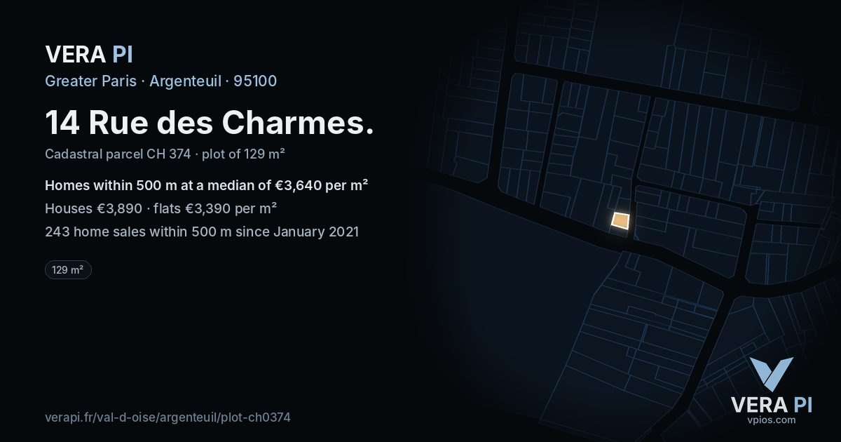 14 Rue des Charmes, Argenteuil at night – the plot lit, the parcels around coloured by the prices near them