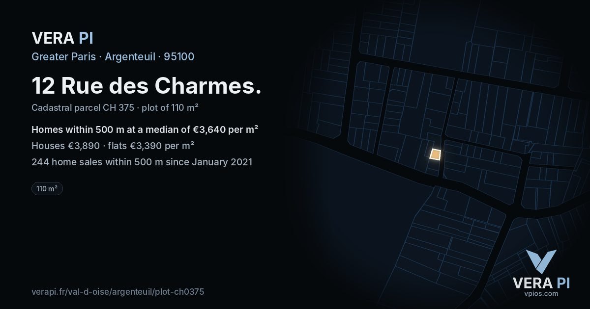 12 Rue des Charmes, Argenteuil at night – the plot lit, the parcels around coloured by the prices near them
