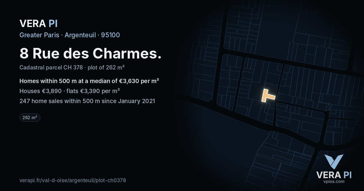 8 Rue des Charmes, Argenteuil at night – the plot lit, the parcels around coloured by the prices near them