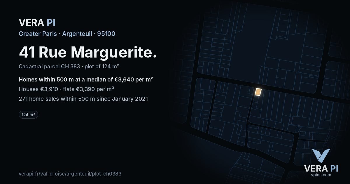 41 Rue Marguerite, Argenteuil at night – the plot lit, the parcels around coloured by the prices near them