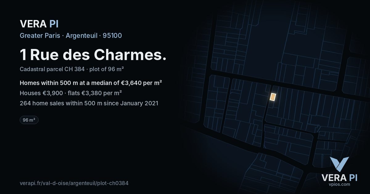 1 Rue des Charmes, Argenteuil at night – the plot lit, the parcels around coloured by the prices near them
