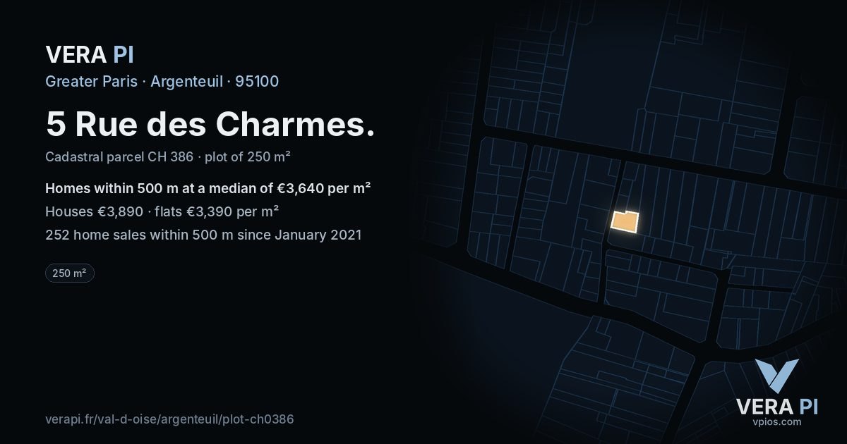 5 Rue des Charmes, Argenteuil at night – the plot lit, the parcels around coloured by the prices near them