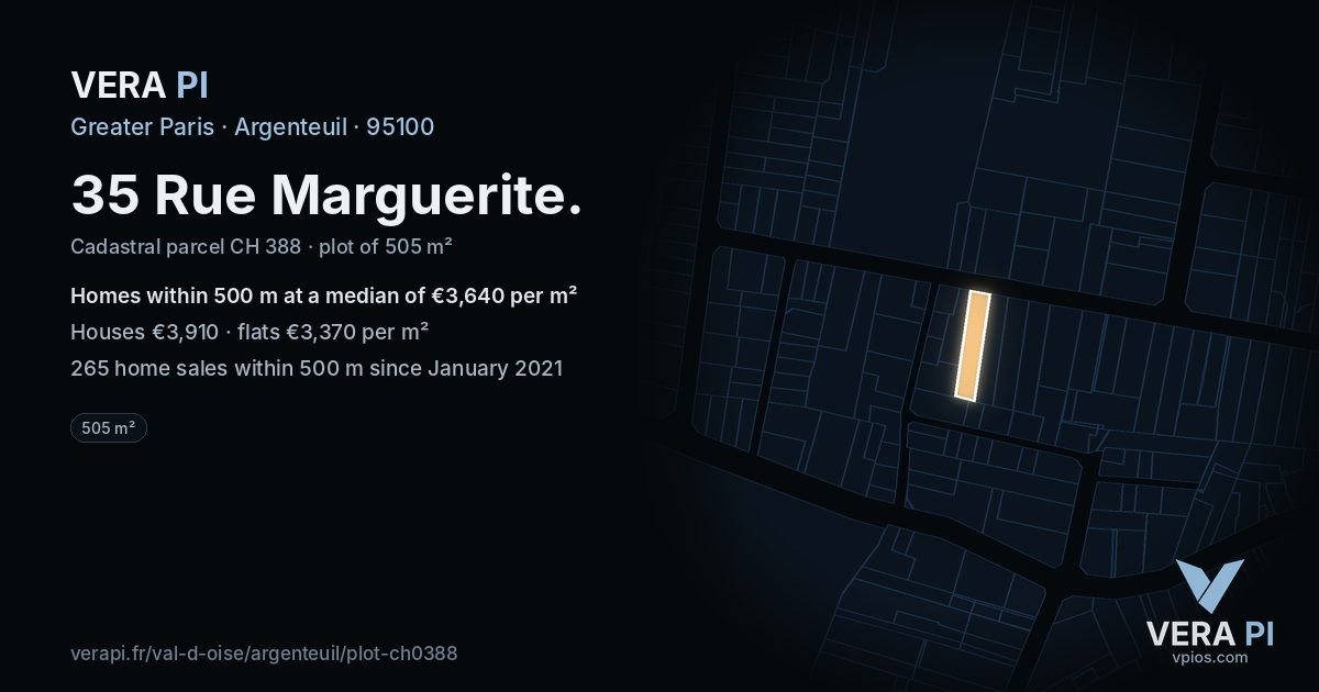 35 Rue Marguerite, Argenteuil at night – the plot lit, the parcels around coloured by the prices near them
