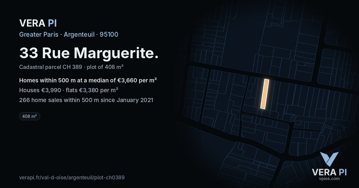 33 Rue Marguerite, Argenteuil at night – the plot lit, the parcels around coloured by the prices near them