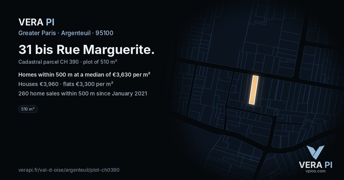 31 bis Rue Marguerite, Argenteuil at night – the plot lit, the parcels around coloured by the prices near them