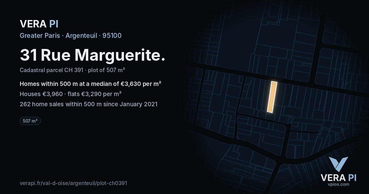 31 Rue Marguerite, Argenteuil at night – the plot lit, the parcels around coloured by the prices near them