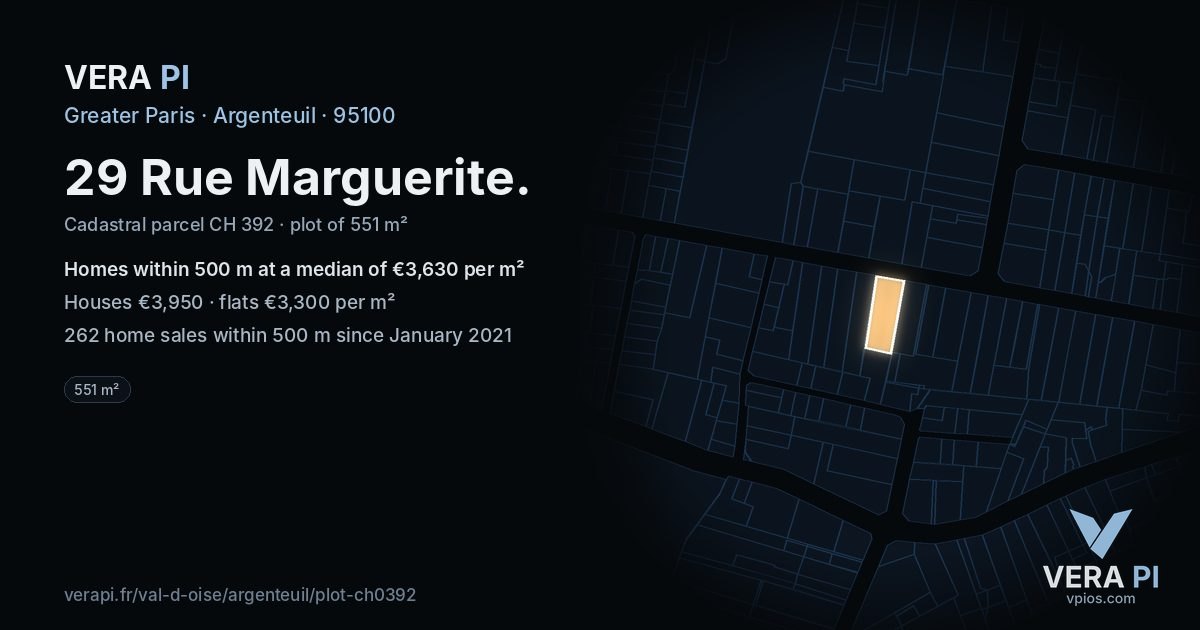 29 Rue Marguerite, Argenteuil at night – the plot lit, the parcels around coloured by the prices near them