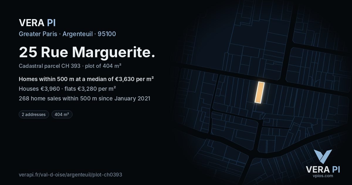 25 Rue Marguerite, Argenteuil at night – the plot lit, the parcels around coloured by the prices near them