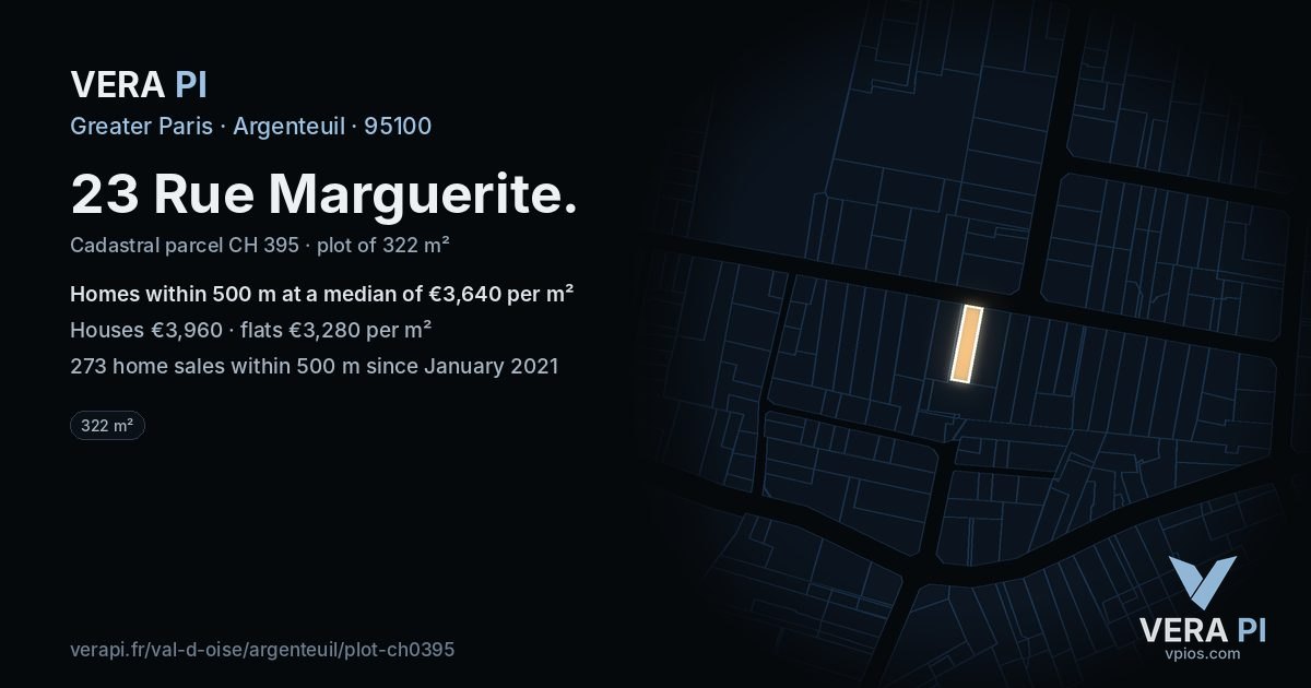 23 Rue Marguerite, Argenteuil at night – the plot lit, the parcels around coloured by the prices near them