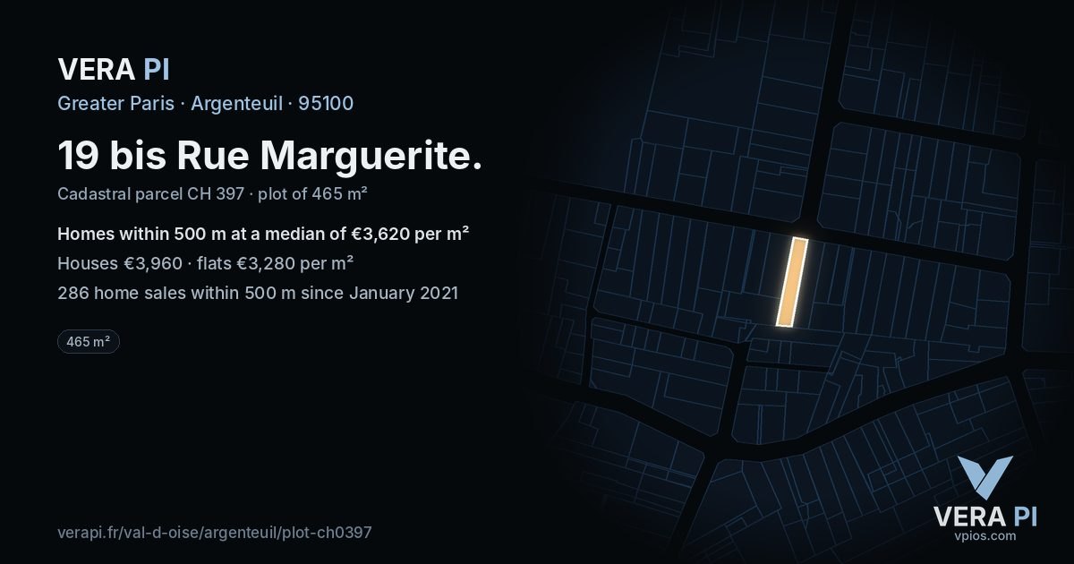 19 bis Rue Marguerite, Argenteuil at night – the plot lit, the parcels around coloured by the prices near them