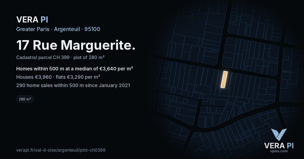 17 Rue Marguerite, Argenteuil at night – the plot lit, the parcels around coloured by the prices near them