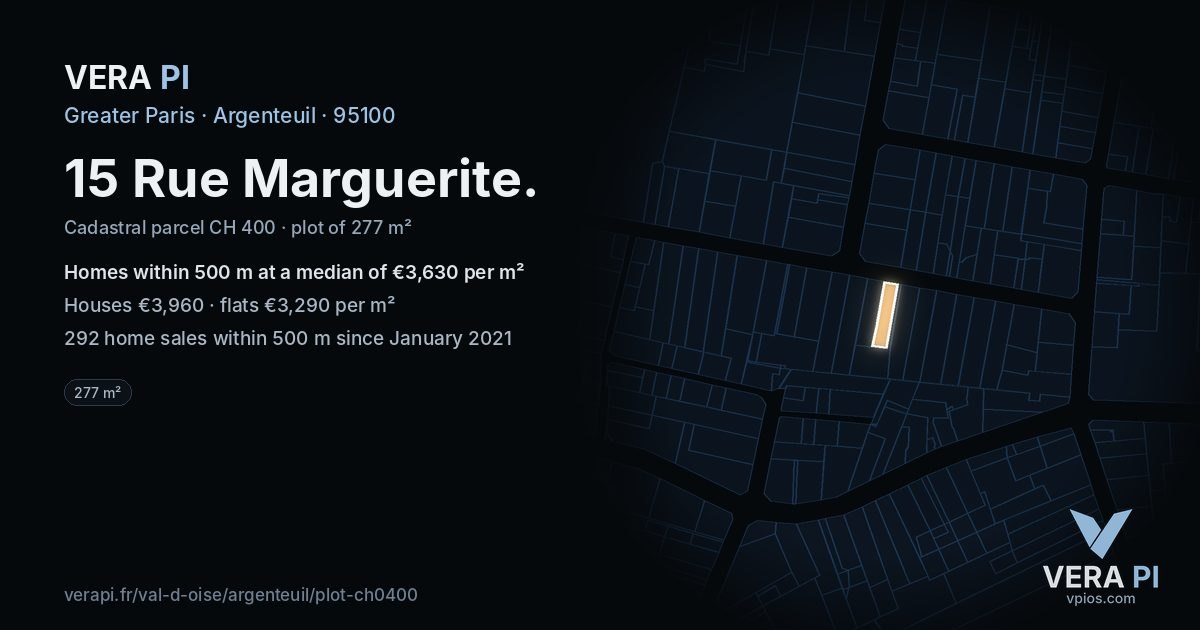 15 Rue Marguerite, Argenteuil at night – the plot lit, the parcels around coloured by the prices near them