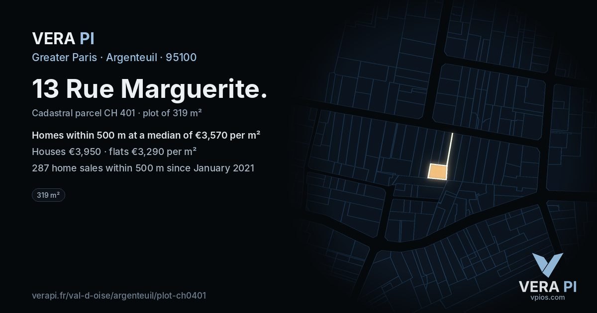 13 Rue Marguerite, Argenteuil at night – the plot lit, the parcels around coloured by the prices near them