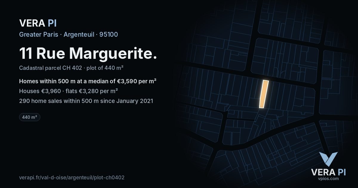 11 Rue Marguerite, Argenteuil at night – the plot lit, the parcels around coloured by the prices near them