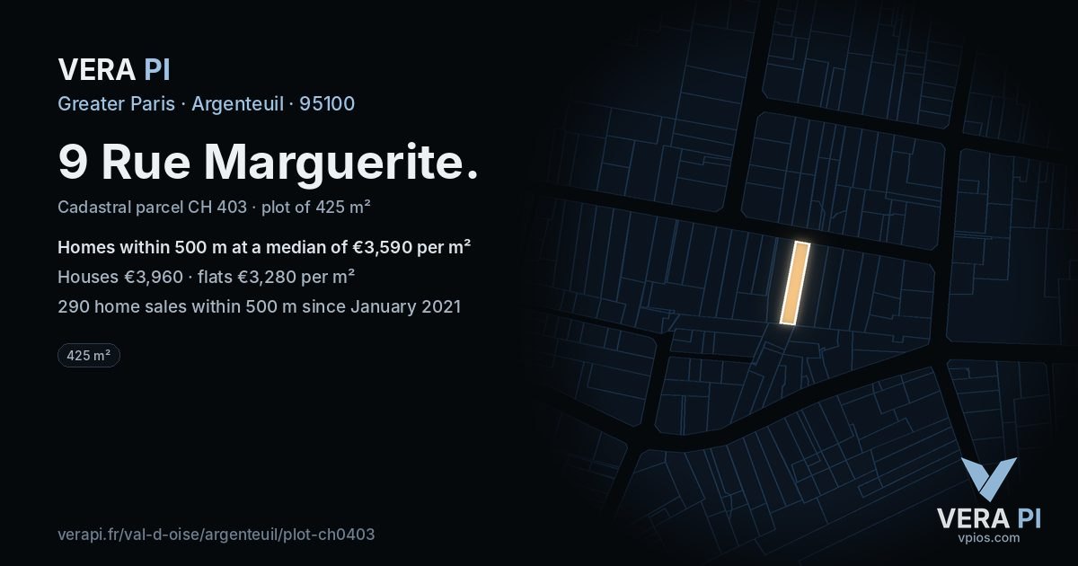 9 Rue Marguerite, Argenteuil at night – the plot lit, the parcels around coloured by the prices near them
