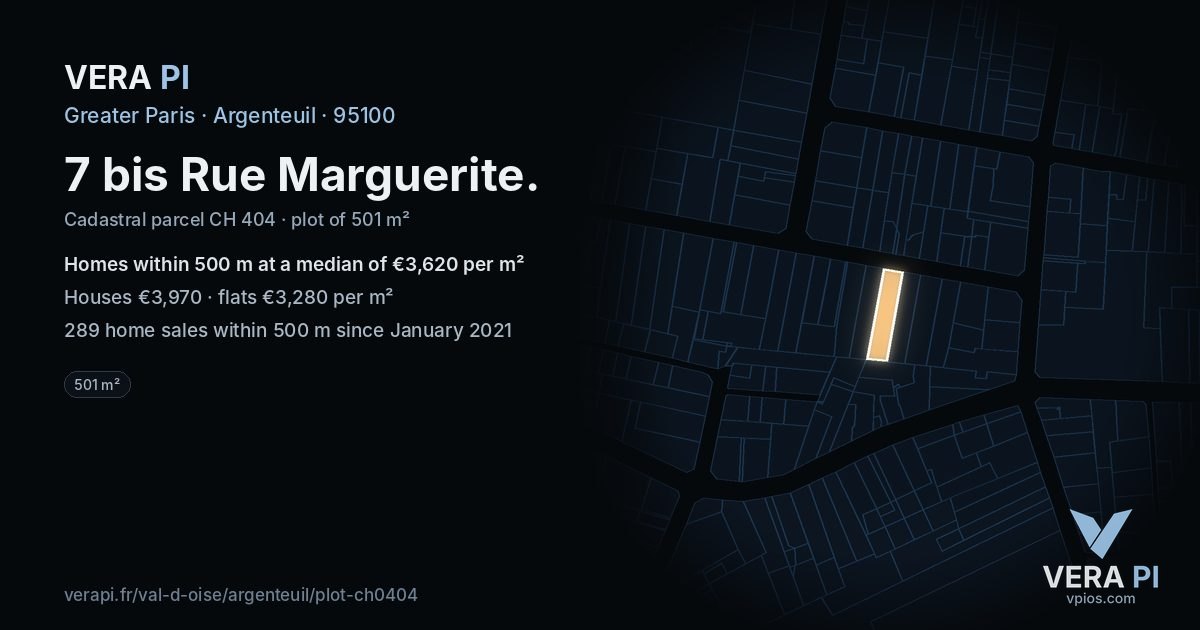 7 bis Rue Marguerite, Argenteuil at night – the plot lit, the parcels around coloured by the prices near them
