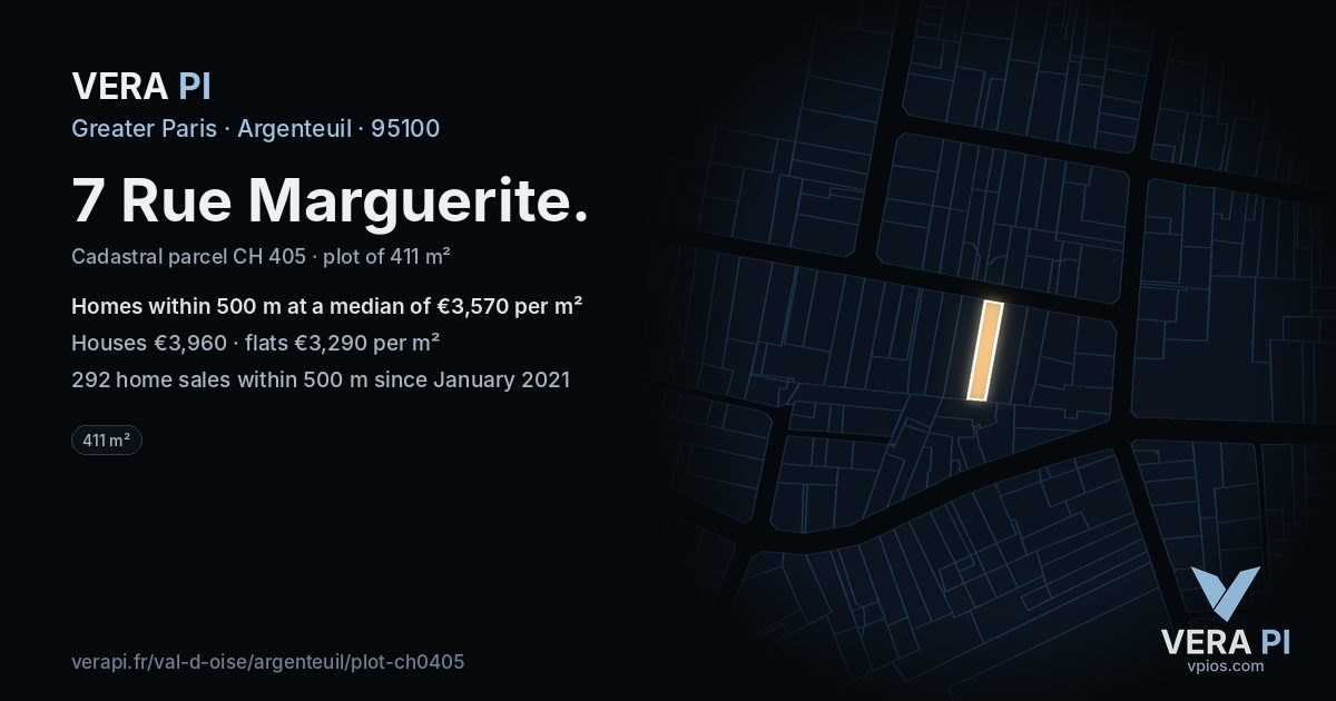 7 Rue Marguerite, Argenteuil at night – the plot lit, the parcels around coloured by the prices near them