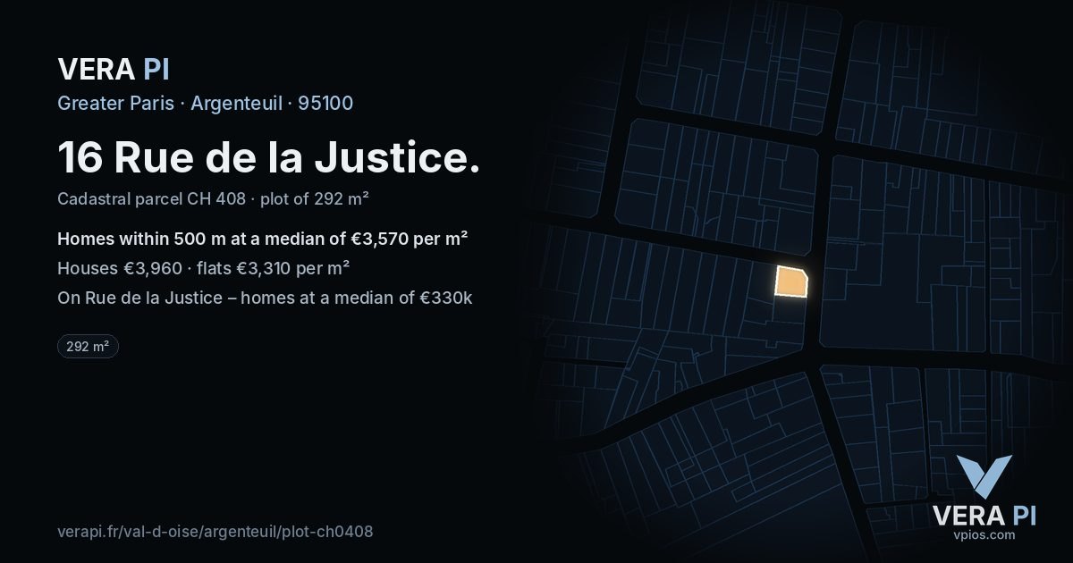 16 Rue de la Justice, Argenteuil at night – the plot lit, the parcels around coloured by the prices near them