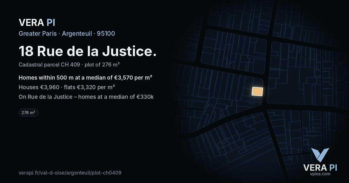 18 Rue de la Justice, Argenteuil at night – the plot lit, the parcels around coloured by the prices near them