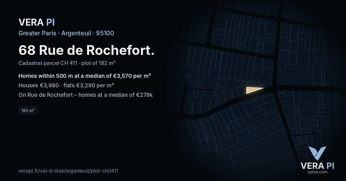 68 Rue de Rochefort, Argenteuil at night – the plot lit, the parcels around coloured by the prices near them