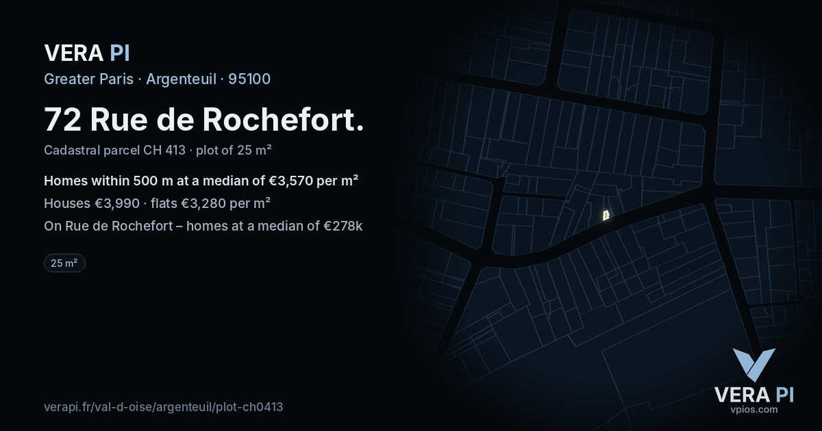 72 Rue de Rochefort, Argenteuil at night – the plot lit, the parcels around coloured by the prices near them
