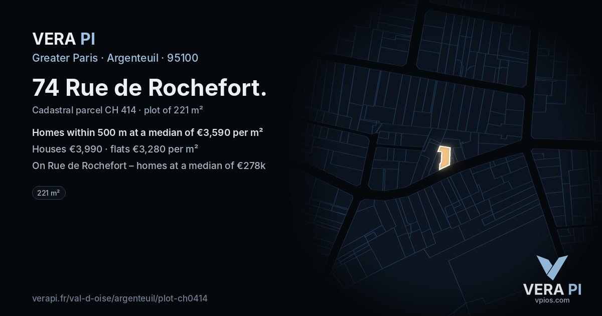 74 Rue de Rochefort, Argenteuil at night – the plot lit, the parcels around coloured by the prices near them