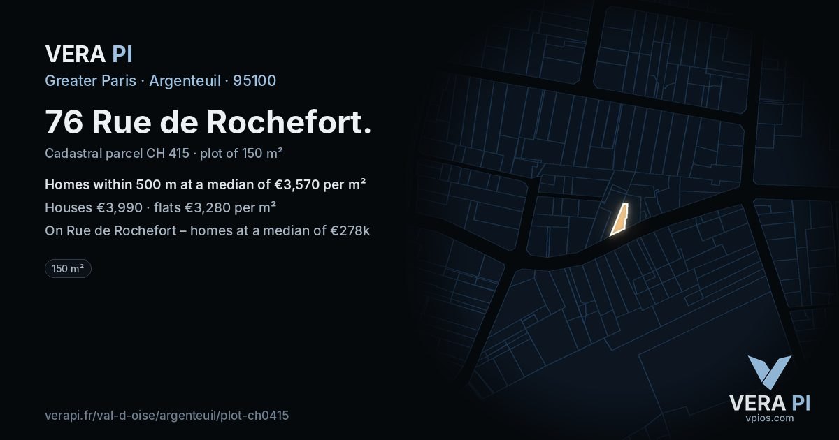 76 Rue de Rochefort, Argenteuil at night – the plot lit, the parcels around coloured by the prices near them